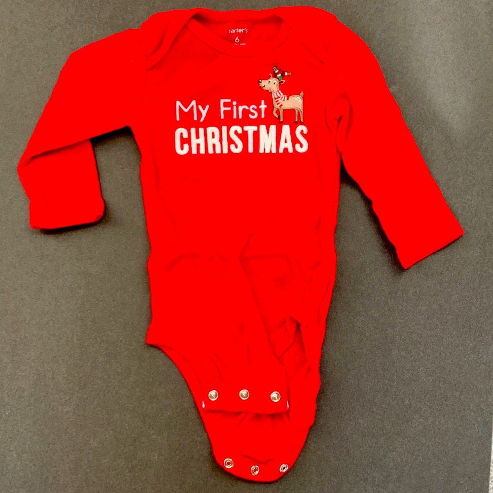 Carter's My First Christmas Red Reindeer Body Suit Snap Closure Size 6 mo